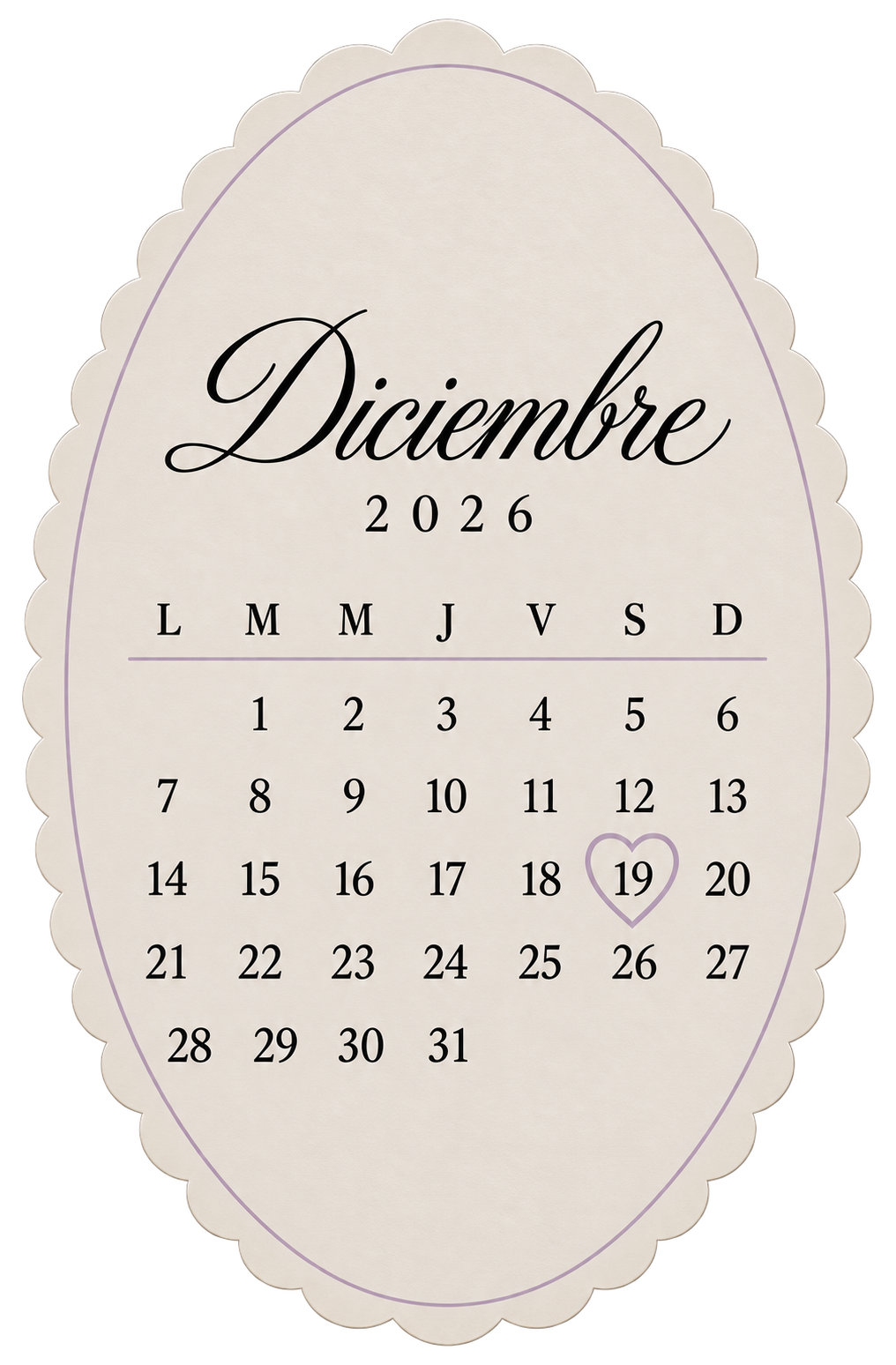 Calendario de diciembre de 2026, con el sábado 19 señalado