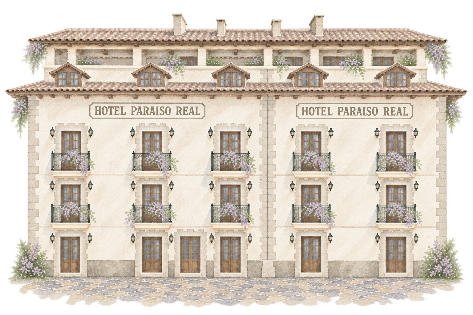 Ilustración en acuarela del Hotel Real El Paraíso